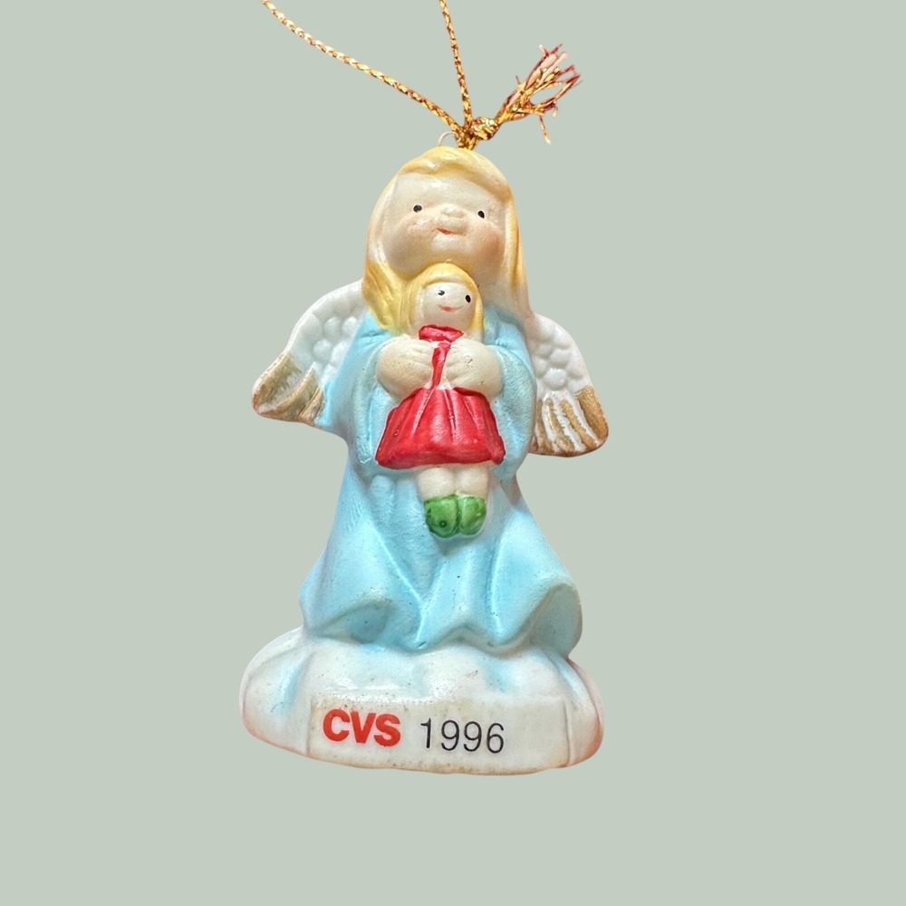 Vintage 1996 CVS Angel with Doll Ceramic‎ Christmas Ornament Blue Red Gold Wings